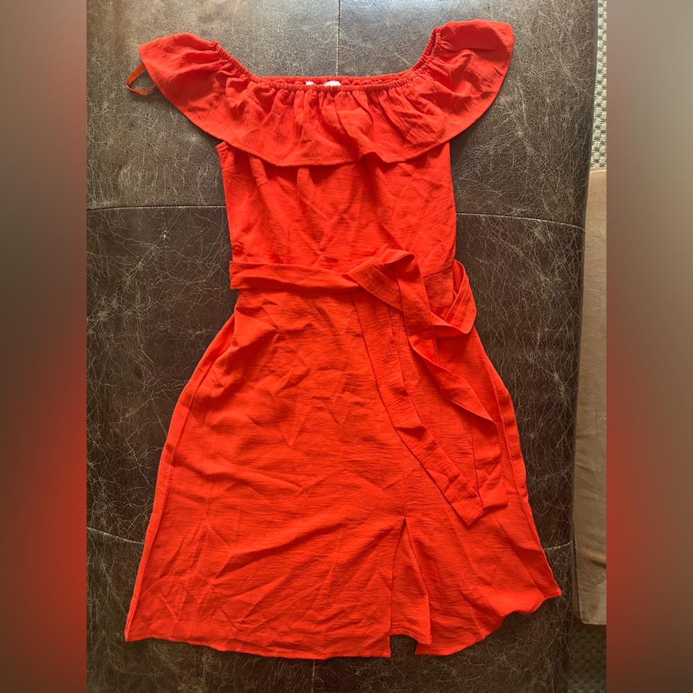 monteau Los Angeles Vibrant Orange Ruffle Tie Belt Mini Dress